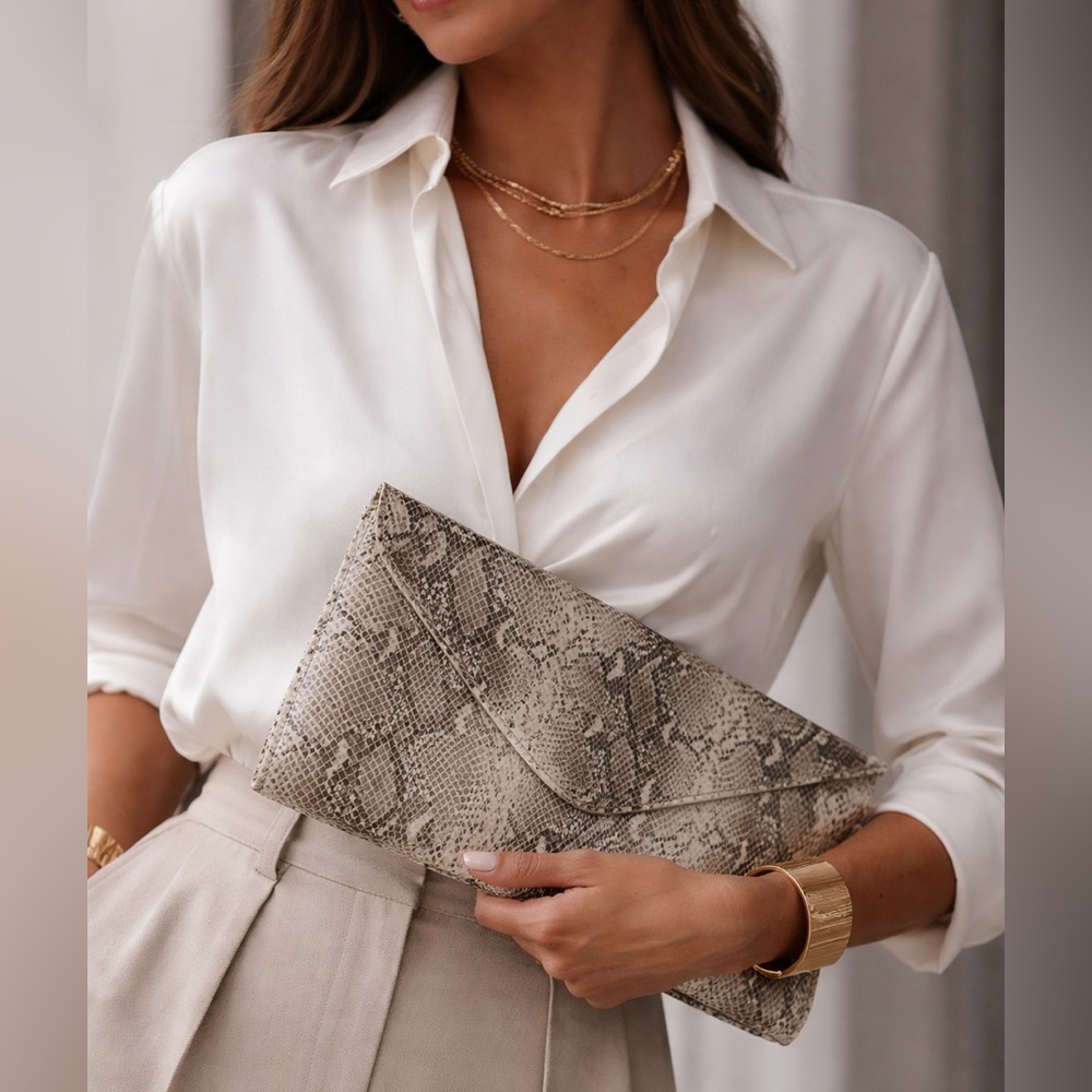 Brave Leather Snakeskin Embossed Leather Envelope Clutch | Neutral Python Print